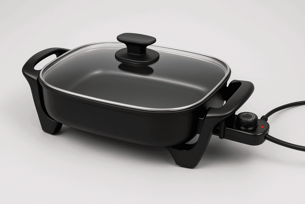 Top view of an electric skillet with a glass lid, featuring non-stick surface and adjustable temperature knob – perfect for frying, sautéing, and stir-fry meals.