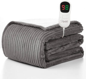 Homemate electric heated throw blanket in light grey with flannel and sherpa fabric, featuring 10 heat levels and auto-off timer.