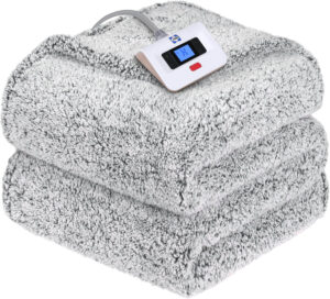 Sealy full-size electric blanket in charcoal color made of double-sided sherpa, with 10 heat levels and 12-hour auto shut-off.