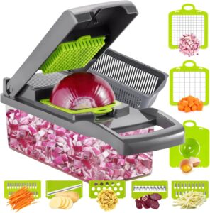 Multipurpose gray veggie chopper with interchangeable blades and strainer basket for slicing and grating