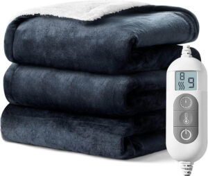 Shodu double-sided electric blanket in blue and white with flannel and sherpa, 8 heat levels and 1-9 hour auto-off timer.