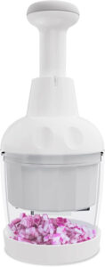 Portable white hand food chopper with curved stainless steel blades for onions, garlic, nuts, and more