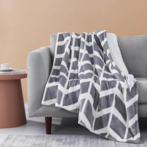 VENTIMI electric heated throw blanket in grey sherpa fabric with 5 heat settings and 3-hour auto shut-off.