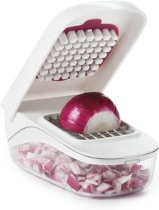 OXO BPA-free onion chopper with stainless steel blades and 2.5-cup container for safe and clean chopping