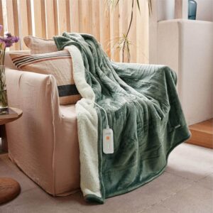 GOTCOZY plush electric throw blanket in green with 4 heating levels and 3-hour auto-off, machine washable.