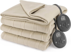 Sunbeam king-size ultra fleece electric blanket in pebble beige, with 12 heat settings and 12-hour auto shut-off