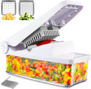 Compact white veggie slicer and dicer with BPA-free container and ergonomic handle for fruits and vegetables