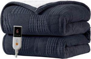 Texciting black electric heated throw blanket with 6 heat levels, 2-10 hour auto shut-off, ETL & FCC certified, machine washable.