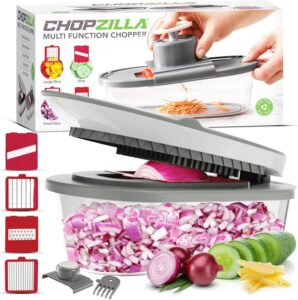 Pink vegetable chopper and slicer with 4 stainless steel blades and container for fast, clean meal prep