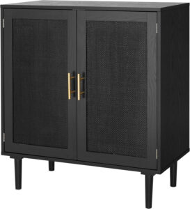 A sleek Finnhomy sideboard buffet cabinet in black with natural black-painted rattan doors, featuring internal shelving and a wide top surface, designed for modern and boho interiors.