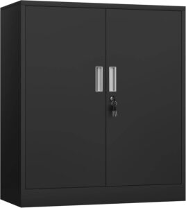 A grey JINKUR lockable metal storage cabinet with two doors and internal adjustable shelves, shown securely closed and suitable for garages, offices, or home storage.