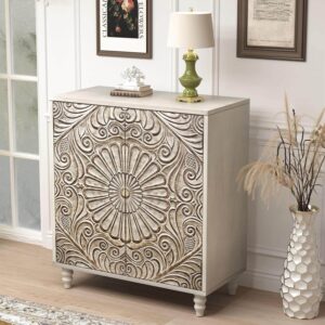 A vintage-style COSIEST sideboard buffet cabinet with intricately carved floral MDF doors, two drawers, and a removable internal shelf, standing on sculpted legs.