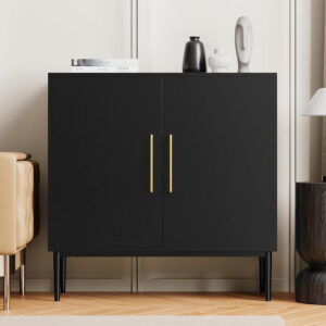 A modern REHOOPEX black accent storage cabinet with two doors, polished gold handles, and elevated metal legs, showing its sleek, minimalist design.