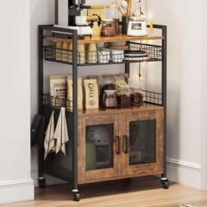 A rustic brown Hencawima 3-tier coffee bar cabinet on wheels, featuring a pull-out wire basket drawer, a cabinet with mesh doors, and side hooks.