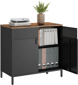 An industrial-style SONGMICS metal storage cabinet in rustic brown and black, with two doors, an adjustable internal shelf, and ventilation holes.