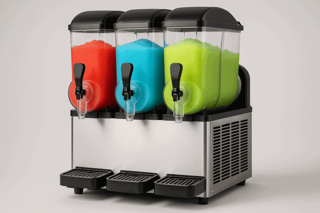 Slushie machine on kitchen counter making colorful frozen drinks – perfect for summer treats and parties