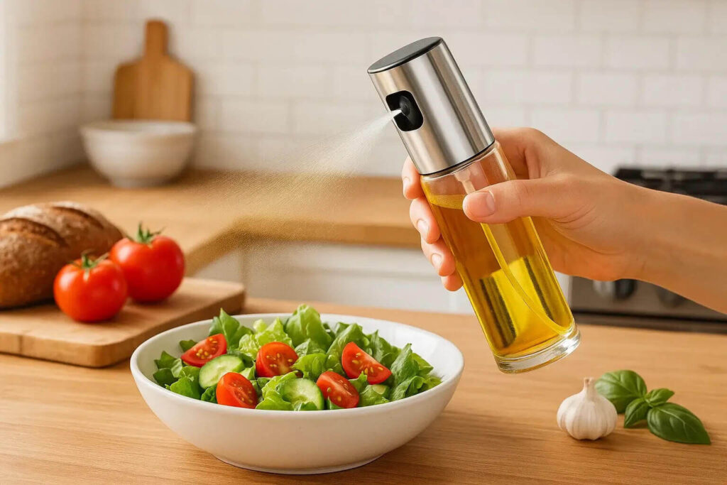 Olive oil spray bottle with fine mist nozzle for healthy and precise oil control