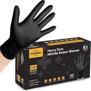 Box of TitanFlex black nitrile gloves, 6-mil thick, latex-free, 100-count – ideal for auto repair, healthcare, and food prep