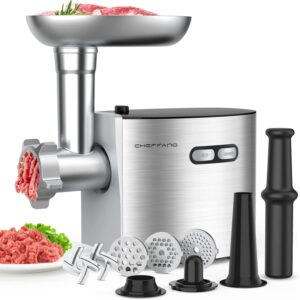 CHEFFANO heavy-duty 2600W electric meat grinder with stainless steel body, sausage stuffer, and kubbe kit