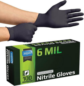 Inspire black nitrile disposable gloves in a 100-pack, 6-mil thick for industrial and medical use