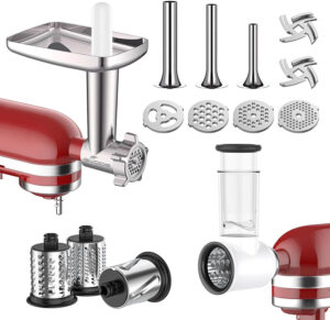 GVODE 2-in-1 meat grinder and cheese grater attachment set for KitchenAid stand mixer with sausage stuffer and plates