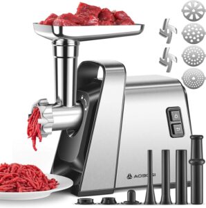 AAOBOSI electric meat grinder with 3000W max power, stainless steel build, 4 grinding plates, and built-in storage