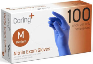 Caring brand blue nitrile gloves in box of 100, powder-free and food-safe for home and medical use