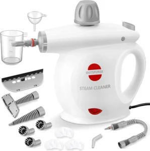 Outspurge handheld steam cleaner with 13 attachments, safety lock, and quick heat-up for chemical-free cleaning of floors, grout, and upholstery.