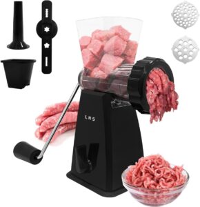 LHS hand crank manual meat grinder with stainless steel blades and suction base, no electricity required