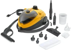 Wagner AutoRight 905e steam cleaner with brushes, squeegee, and other accessories for deep cleaning cars and homes.