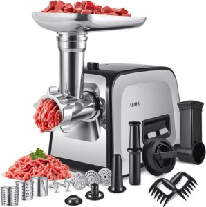 ALTRA LIFE stainless steel electric meat grinder with 2800W max power, sausage stuffer, and accessories box