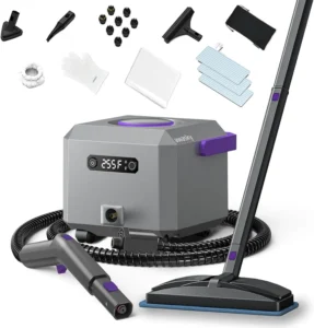 Awasky steam cleaner with detachable hose and 21-piece accessory kit for versatile cleaning of floors, tile, cars, and furniture.