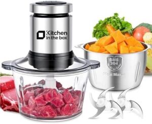 400W food processor and meat grinder with stainless steel and glass bowls, S-blades, and two speed settings