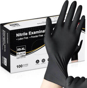 Schneider brand black nitrile gloves, medical-grade, 100-count, latex-free and textured for grip