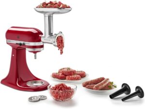 KitchenAid stand mixer metal grinder attachment with fine, medium, and coarse plates and sausage tubes