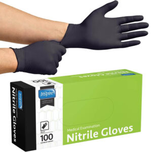 Inspire black nitrile gloves, 4.5 mil thick, box of 100, for medical, food, and cleaning tasks