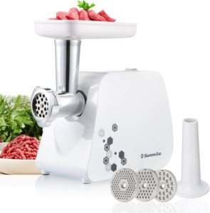 Sunmile electric meat grinder with 1000W max motor, stainless steel plates, sausage stuffer, and safety features