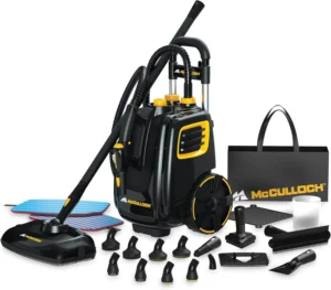 McCulloch MC1385 canister steam cleaner with large 64oz tank and 23 accessories for deep, chemical-free cleaning of home and car surfaces.