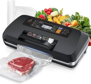 Powerful 95kPa commercial vacuum sealer with double heat seal, built-in cutter, bag storage, and starter kit in black.