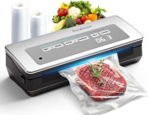 Anybear silver vacuum sealer featuring 90kPa suction, digital countdown display, built-in cutter, and bag storage for food preservation.