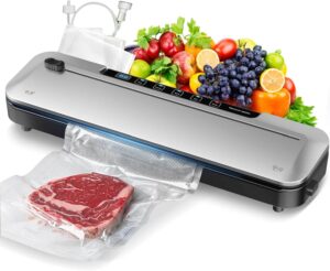 Compact LKKNC 75kPa vacuum sealer with 6-in-1 functions, digital countdown timer, built-in cutter, and starter bag kit in silver.