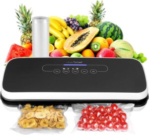 NutriChef black vacuum sealer with automatic dry and moist modes, LED touch controls, vacuum bags, hose, and wine stopper.