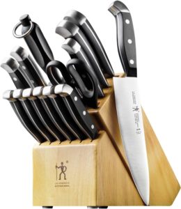 HENCKELS 15-piece premium knife set with ultra-sharp stainless steel blades, hardwood block, steak knives, and honing steel.