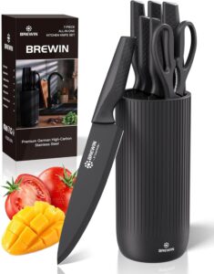 Brewin 7-piece kitchen knife set with non-stick black coated blades, ergonomic handles, dishwasher-safe universal knife block.