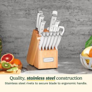 Cuisinart white 15-piece kitchen knife set featuring forged triple rivet handles, high carbon steel blades, sharpening steel, and wooden block.