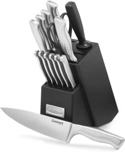 Cuisinart hollow handle 15-piece knife set with high-carbon stainless steel blades, ergonomic stainless steel handles, sharpening steel, and wooden block.