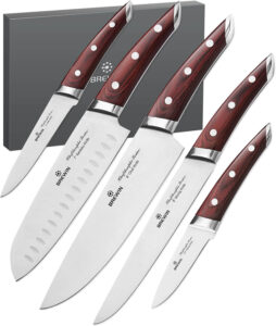 Brewin Chefilosophi 5-piece Japanese chef knife set featuring ultra-sharp German steel blades and elegant red pakkawood handles in gift packaging.