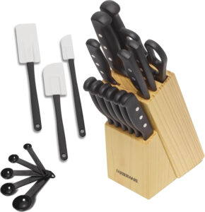 Farberware 22-piece kitchen knife and tool set with micro-serrated high carbon stainless steel blades, non-slip triple-riveted handles, spatulas, measuring spoons, and wooden block.