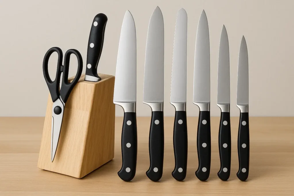 Sleek stainless steel kitchen knife set in a wooden block on a countertop