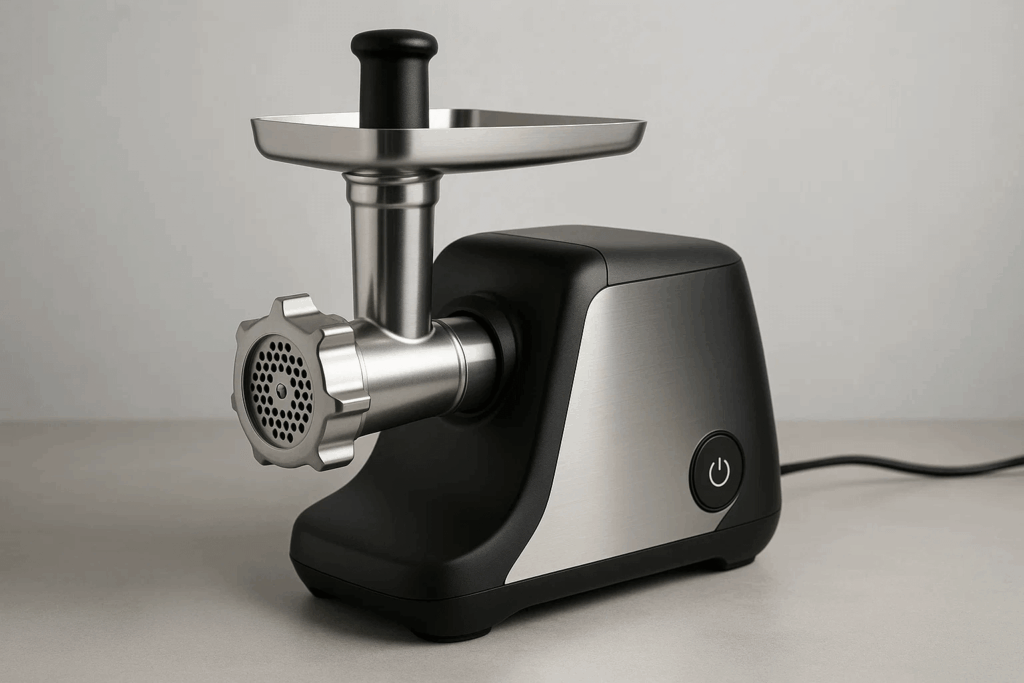 Stainless steel electric meat grinder on a kitchen counter with fresh ground meat
